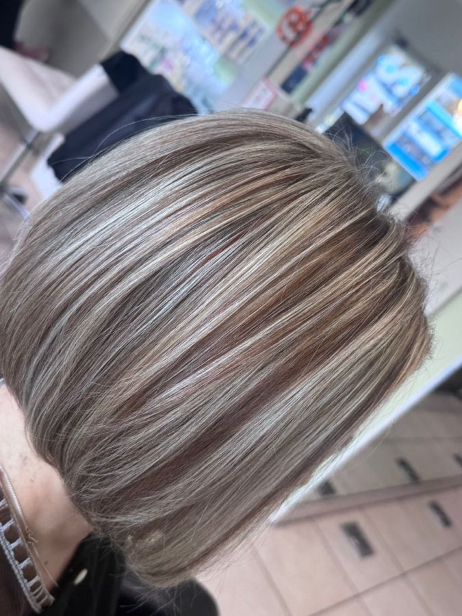 Ash and caramel highlights on a short bob, highlights, by Replay Hair & Beauty