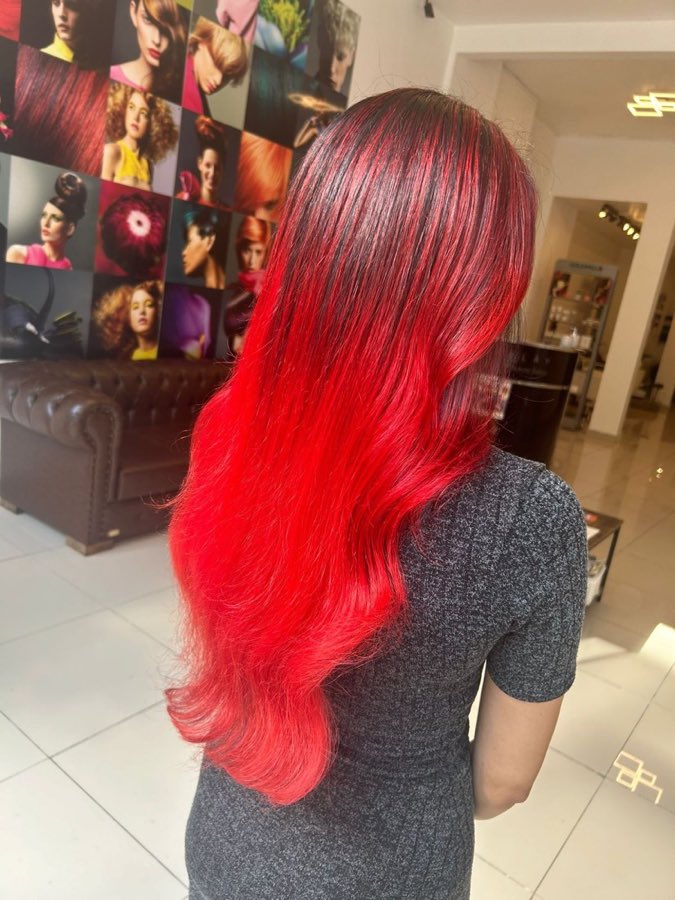 Black-to-red ombré vivid colour, by Replay Hair & Beauty
