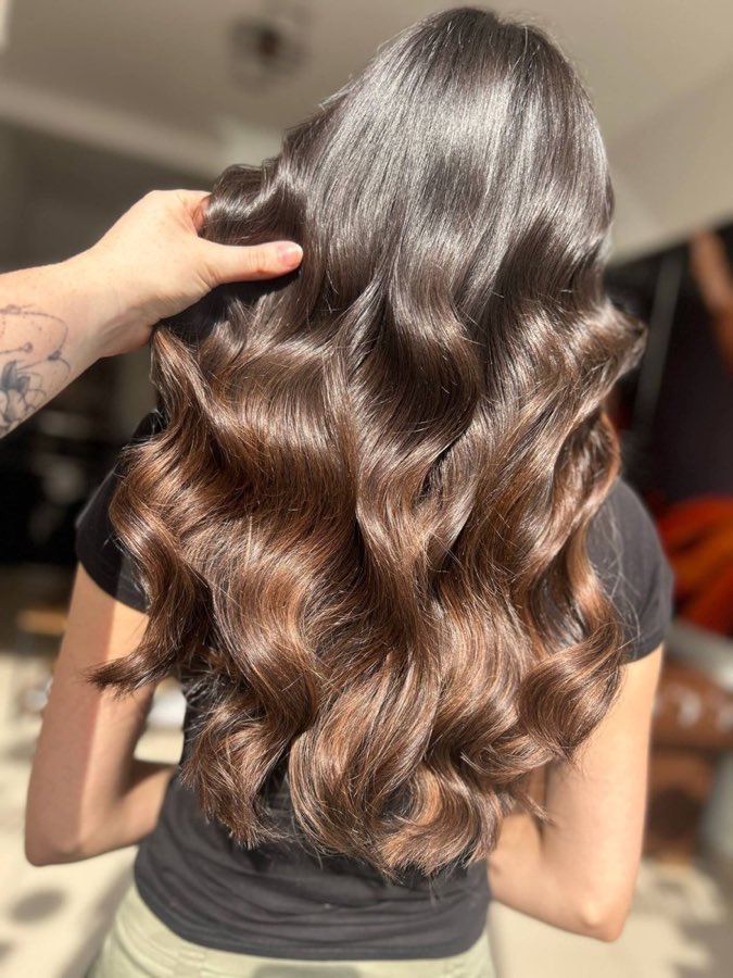 Glossy, frizz-free brunette waves, kerasilk smoothing, by Replay Hair & Beauty