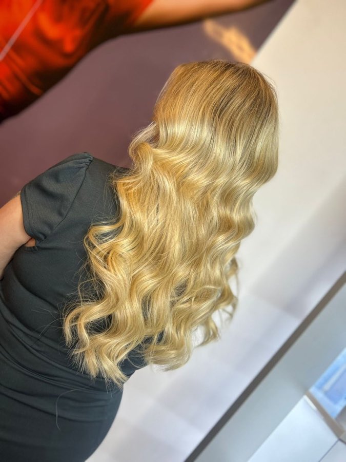 Golden blonde colour with glamorous curls, hair extensions, by Replay Hair & Beauty