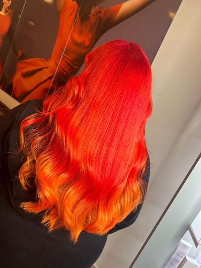 Fiery red-to-orange vivid colour with Goldwell Elumen, by Replay Hair & Beauty